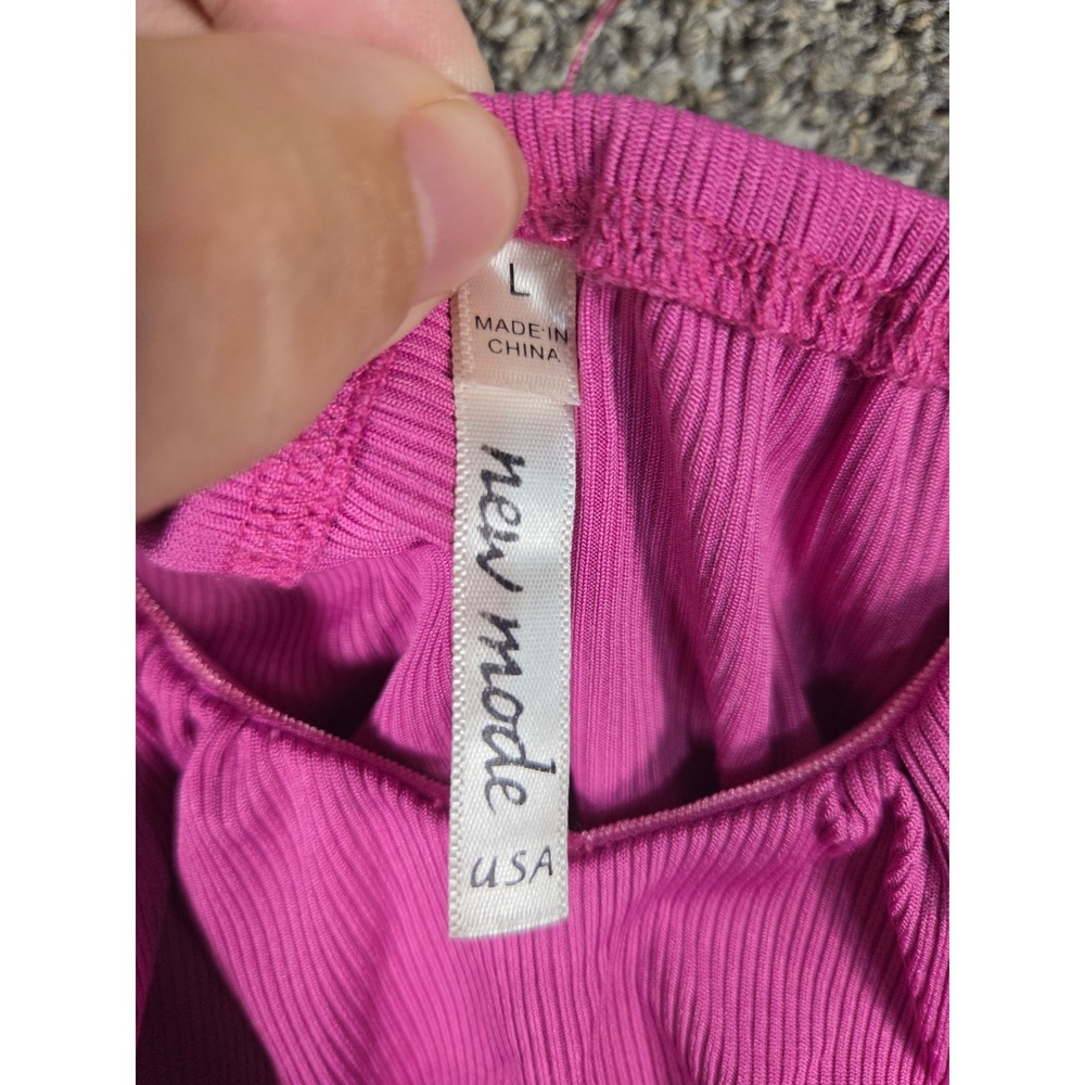 New Mode Puff Sleeve Crop Top Womens Large Pink Ribbed Wrap Tie Waist - Picture 8 of 9